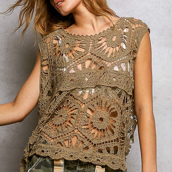 New POL Openwork Floral Crochet SleevelessTank Top Scalloped Oversize Shirt ! - Picture 6 of 7